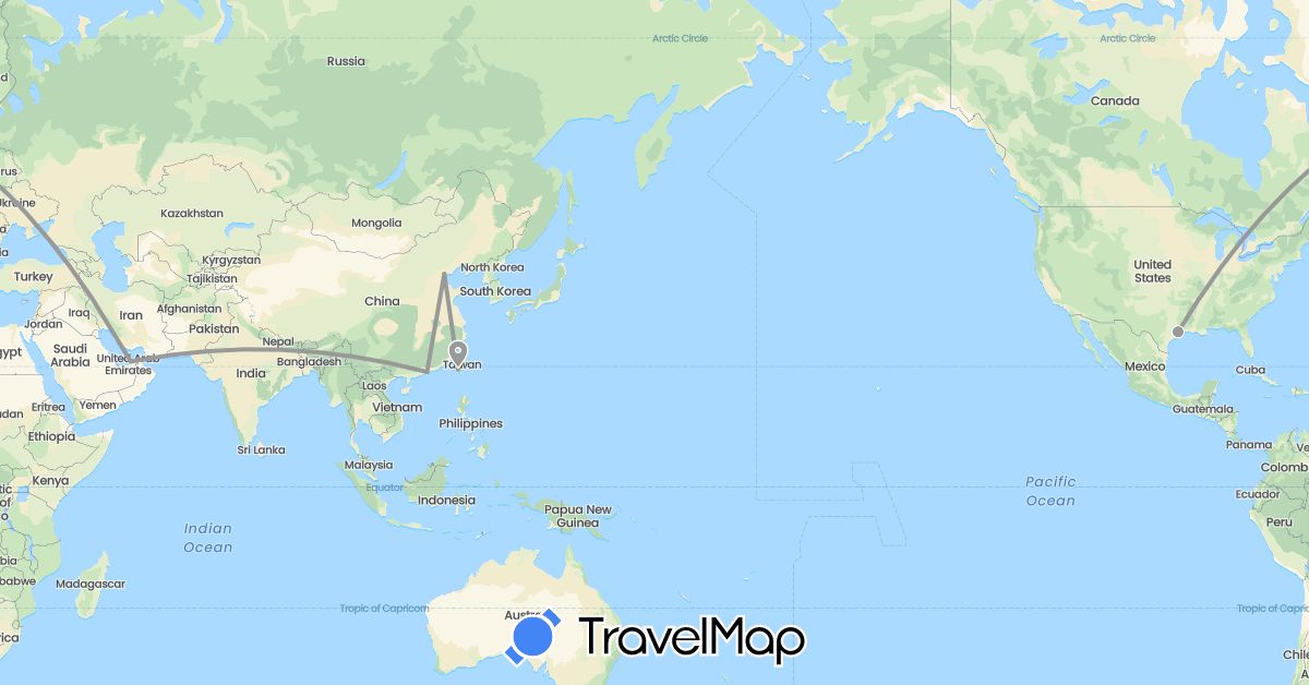 TravelMap itinerary: driving, plane in United Arab Emirates, China, Taiwan, United States (Asia, North America)